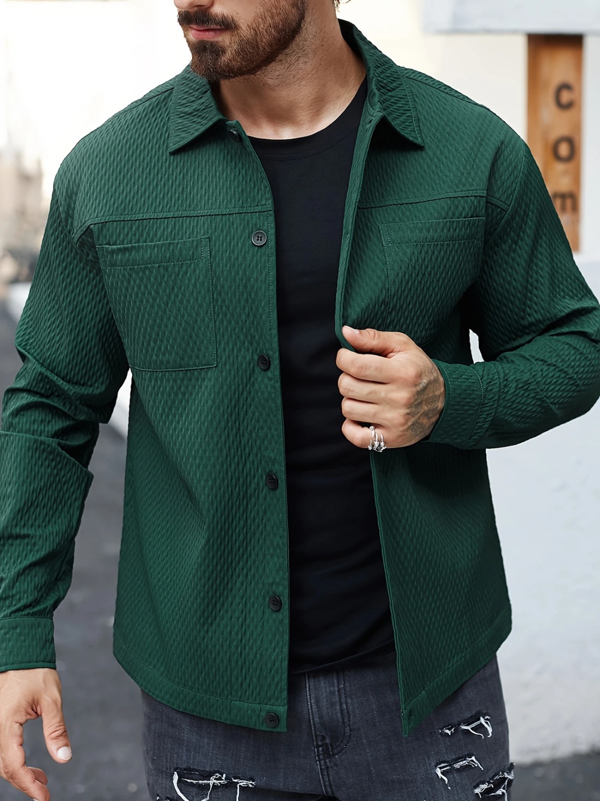 Men’s Textured Dark Green Long Sleeve Shirt